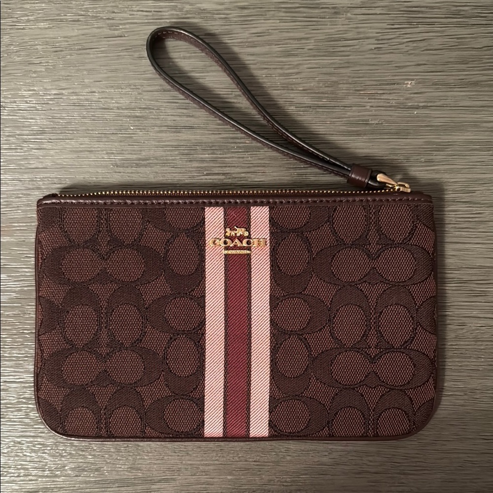 Coach Brown Wristlet with Pink Stripe